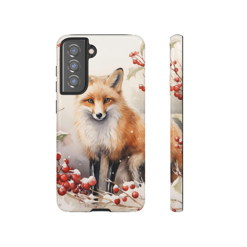 Christmas Fox in a Wreath of Red Berries - Impact Resistant Phone Case Samsung Galaxy S21 FE Glossy